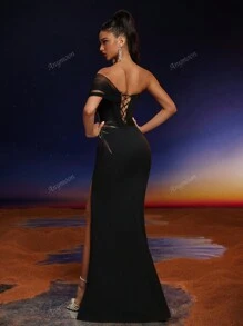 Robe de soirée longue moulante à épaules en maille Anymoon, robe pour mariage, événement, fête, invitée, robe de cérémonie