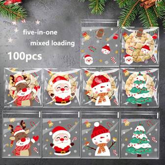 100pcs/Set 5 Styles Christmas Opp Self-Adhesive Bag For Candy Chocolate Snacks Baking Cookie Pastry Packaging