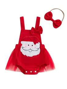 2 Stück Baby Mädchen Weihnachten lässige Romper ärmellos Weihnachtsmann Stickerei Romper mit Stirnband Kleidung Sets