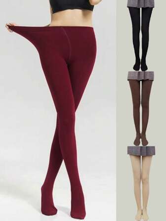 1 Pair Women's Solid Color Fleece Tights, Elastic Slim Fit Thermal Tights For Autumn/Winter, Cozy
