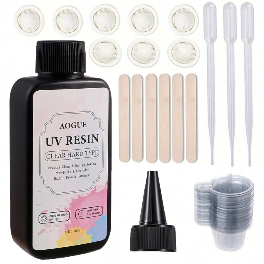 100g/200g/300g 透明环氧树脂 UV 胶水工具包，快速固化，不发黄，无气泡，适合初学者 DIY 珠宝和工艺品，带移液器搅拌器量杯指套 - 彩色 - 查看 1