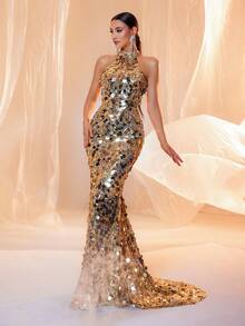 Elisanya Robe de soirée longue dos nu avec sequins dorés et col montant, robe de soirée élégante et formelle, pour invités de mariage, remise de diplôme, dîner