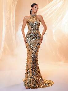 Elisanya Robe de soirée longue dos nu avec sequins dorés et col montant, robe de soirée élégante et formelle, pour invités de mariage, remise de diplôme, dîner