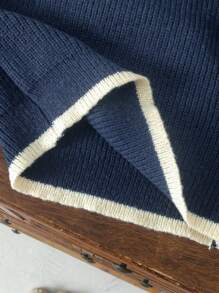 1pc Young Boy New Autumn Round Neck Chunky Knit Pullover Sweater, Navy Blue With Small Embroidery Logo, Casual Knitwear Top - Royal Blue - View 4