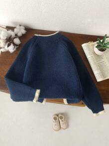 1pc Young Boy New Autumn Round Neck Chunky Knit Pullover Sweater, Navy Blue With Small Embroidery Logo, Casual Knitwear Top - Royal Blue - View 5