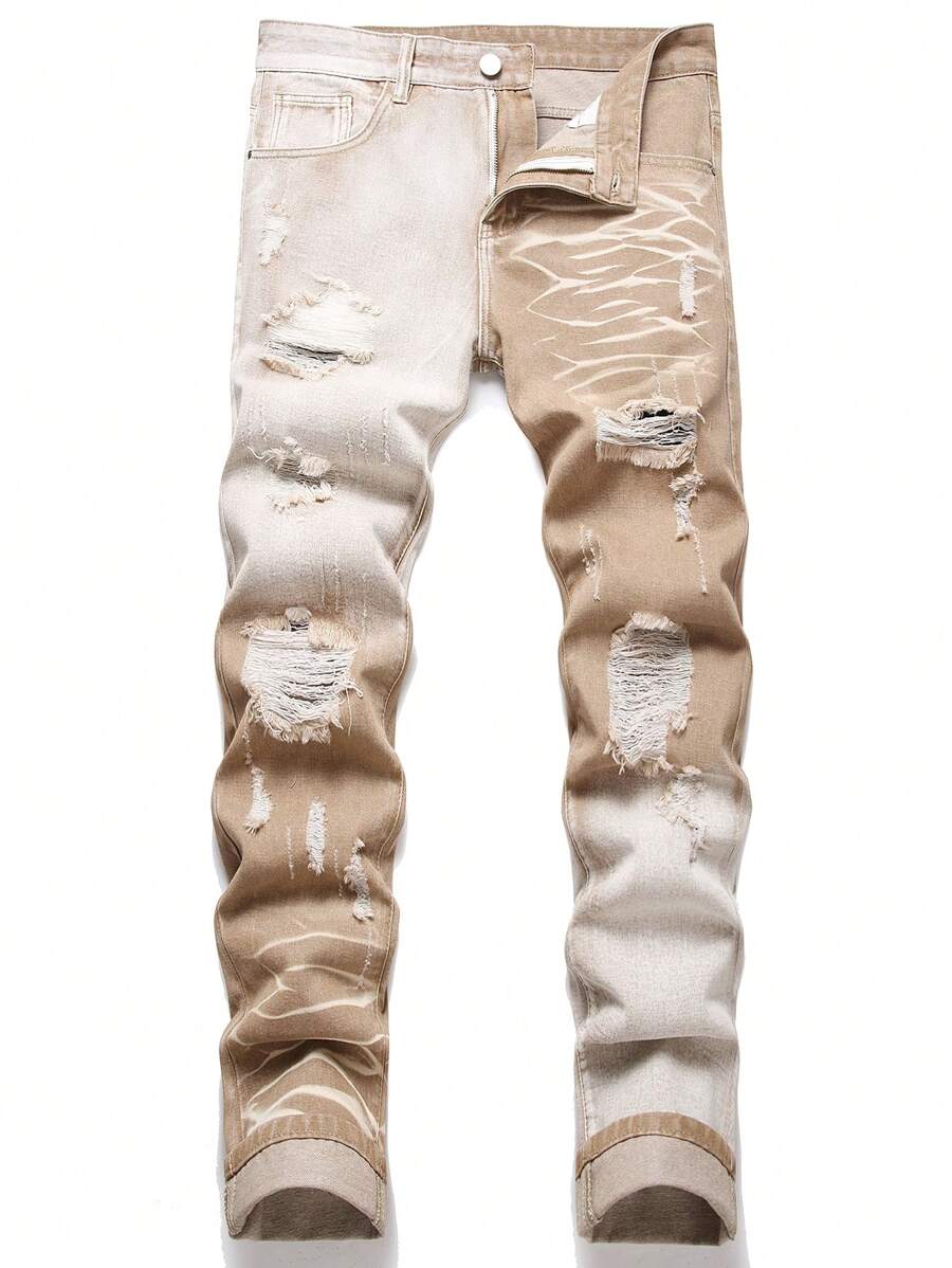 Plus Size Men's Fashionable Distressed Heavy Wash Denim Jeans - Apricot - View 1