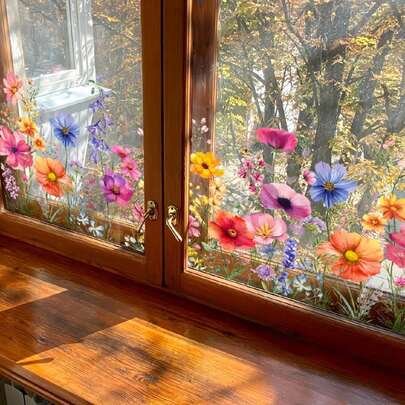 One Piece Home Decorations Colorful Bouquet Window Sticker, Garden Sticker, Suitable For Living Room Bedroom, Home Wall Decoration, PVC Removable Window Stickers, 23.6x11.8 Inches, Stickers, Wall Decal, Vinyl Decal For Home Decorations, Spring Decoration Items Refresh Your Home, Festival Decoration Stickers Gifts Birthday Graduation