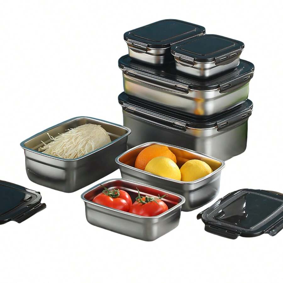 1 件不锈钢盖便当盒，学生午餐盒，水果蔬菜食品密封盒，冰箱密封防漏保鲜，学校用品 - 黑色 - 查看 1