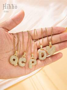 1 件/套 26 件不锈钢方晶锆石英文字母吊坠项链女士 - 金黃色 - 查看 2