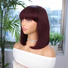 Krótkie Boby Proste Peruki Z Ludzkich Włosów Z Grzywką 99J Burgundowe Peruki Bob W Pełni Wykonane Maszynowo Brazylijskie Włosy Remy Bez Kleju Brak Koronki Długość Ramion Modne Peruki Bob Dla Czarnych/Białych Kobiet
