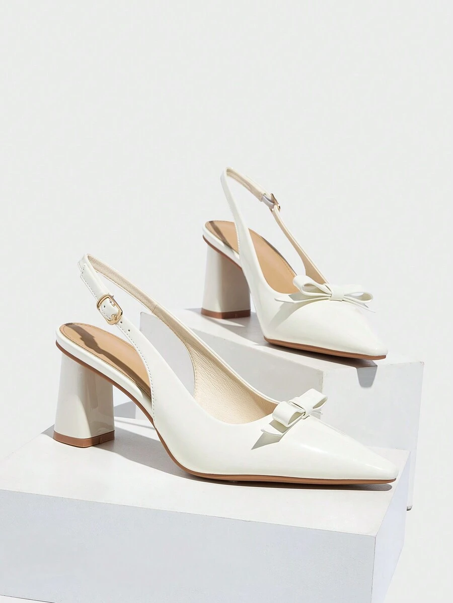 女士尖头一脚蹬蝴蝶装饰优雅平底鞋，适合搭配阔腿裤、喇叭裤、直筒裤、紧身裤、连衣裙、 A 字裙、长裙、迷你裙、西装连衣裙、人造皮革、白色中跟高跟鞋 - 白色 - 查看 1