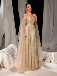 Elisanya 露肩扭纹前斗篷袖亮片礼服，优雅超长袖舞会晚礼服，适合婚礼嘉宾、毕业典礼、晚宴派对礼服 - 香檳色 - 查看 6