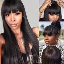 Straight Human Hair Wigs With Bangs For Women Full Machine Made Wigs 14-26 Inches Brazilian Virgin Human Hair Straight Wigs Natural Black Color 180% Density