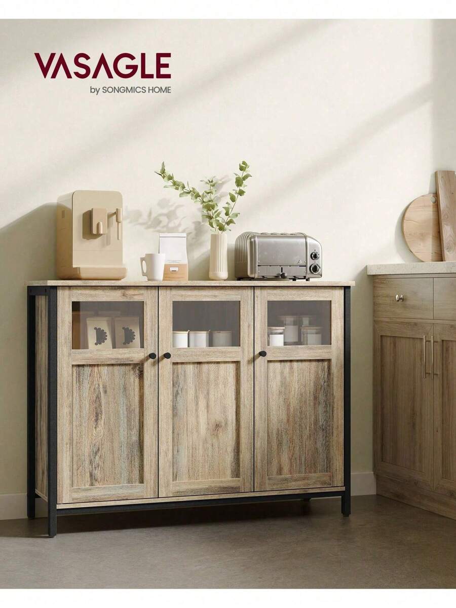 VASAGLE Sideboard, Buffet Table, Storage Cabinet With Glass Doors, Dining Room, Living Room, Hallway, Kitchen, Steel Frame, Industrial Style, Beige And Ink Black - Beige - View 1