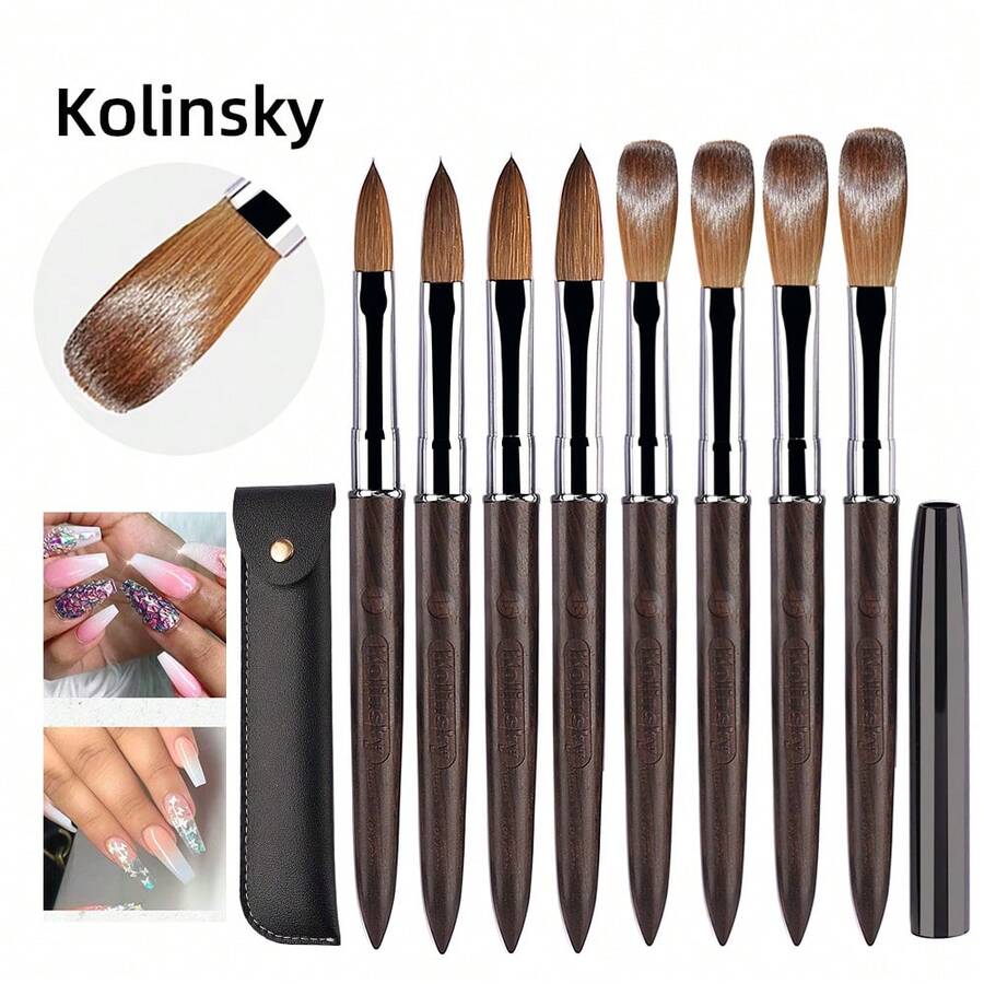 100% 貂毛亚克力美甲笔，紫檀木手柄，压纹 UV 凝胶雕刻笔刷，液体粉末 DIY 美甲绘图 - 黑色 - 查看 1