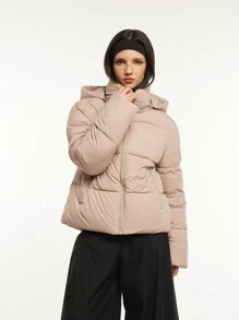 Women Puffer Jacket Hood Winter Water Repellent Wind-Resistant Ladies Classic Quilted Padded Coat Big Pocket - Oat - View 3