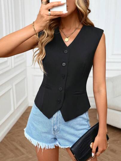 Elegant V-Neck Sleeveless Vintage Cardigan Vest Top, Fashion Versatile