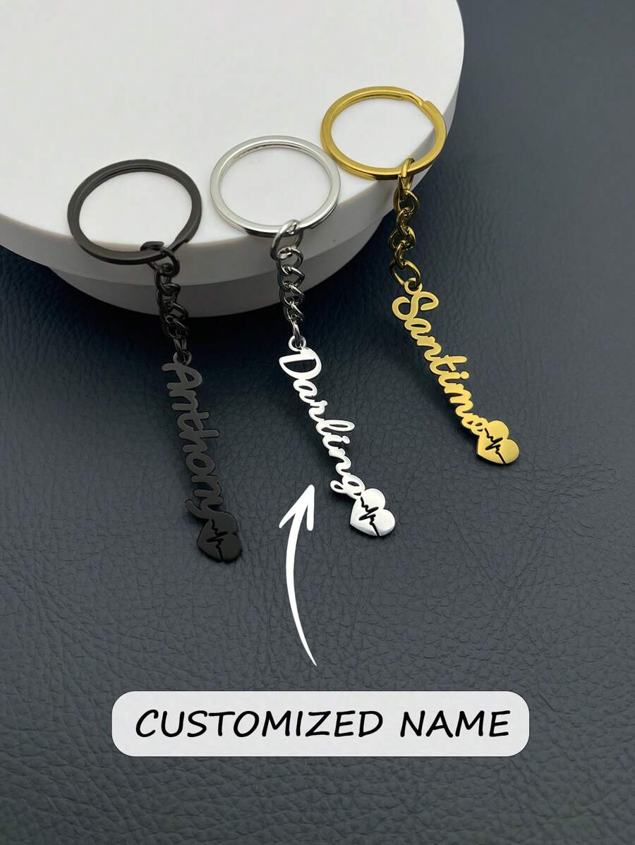 1 Personalized Stainless Steel Custom Label Name Letter Keychain With Heartbeat Ripple Of Love, Father's Day, Mother's Day, Valentine's Day Male And Female Accessory Gift