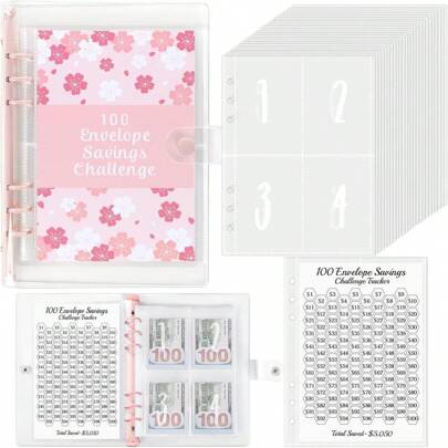 100 Envelopes Challenge Binder With Laminated $5050 Tracker Sheet & Pre-Numbered Pockets (Pink) Best