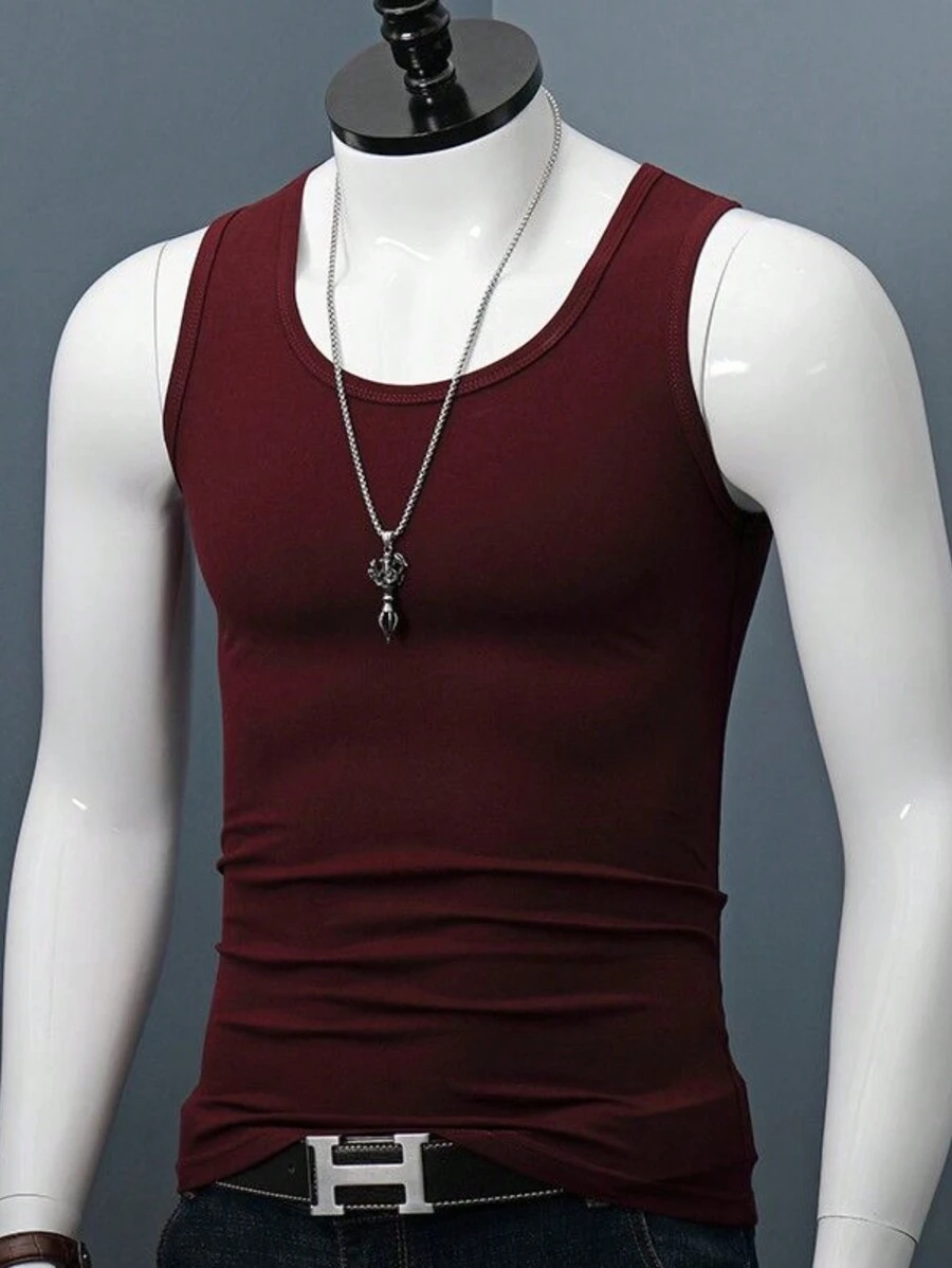 Men's American Style Ribbed Tank Top - 酒紅色 - 查看 1