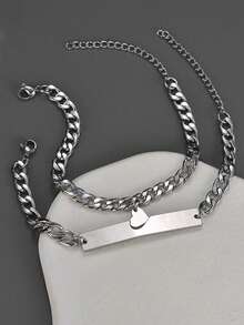 1 对简约时尚钛钢拼图心形情侣手链 - 銀色 - 查看 4