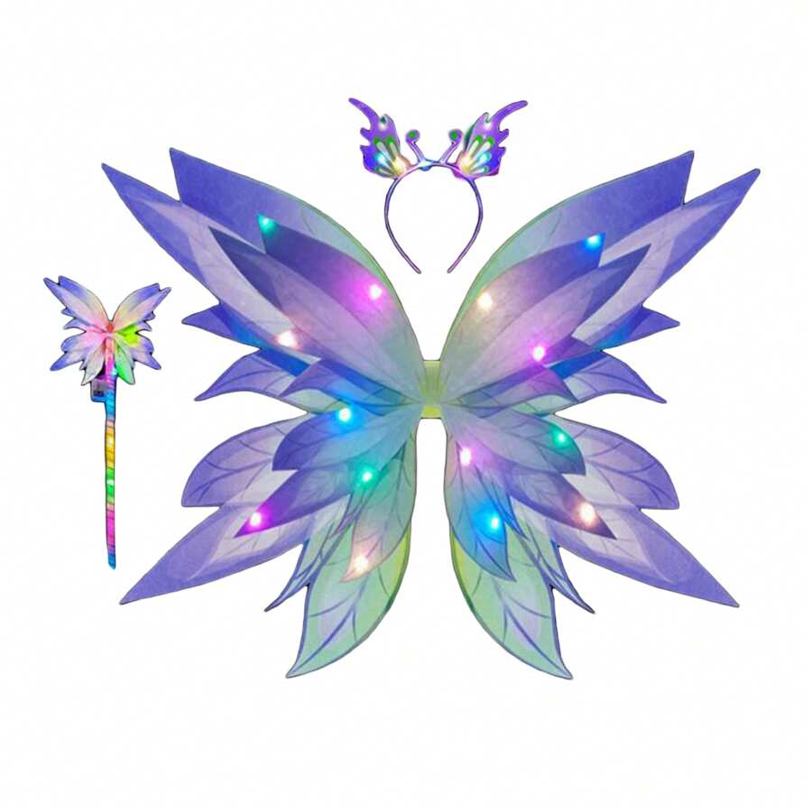 Kids Girls Halloween Costume, Light-Up Tulle Skirt Butterfly Wings Fairy Stick Headband Party Favor For Cosplay - Violett - Übersicht 1