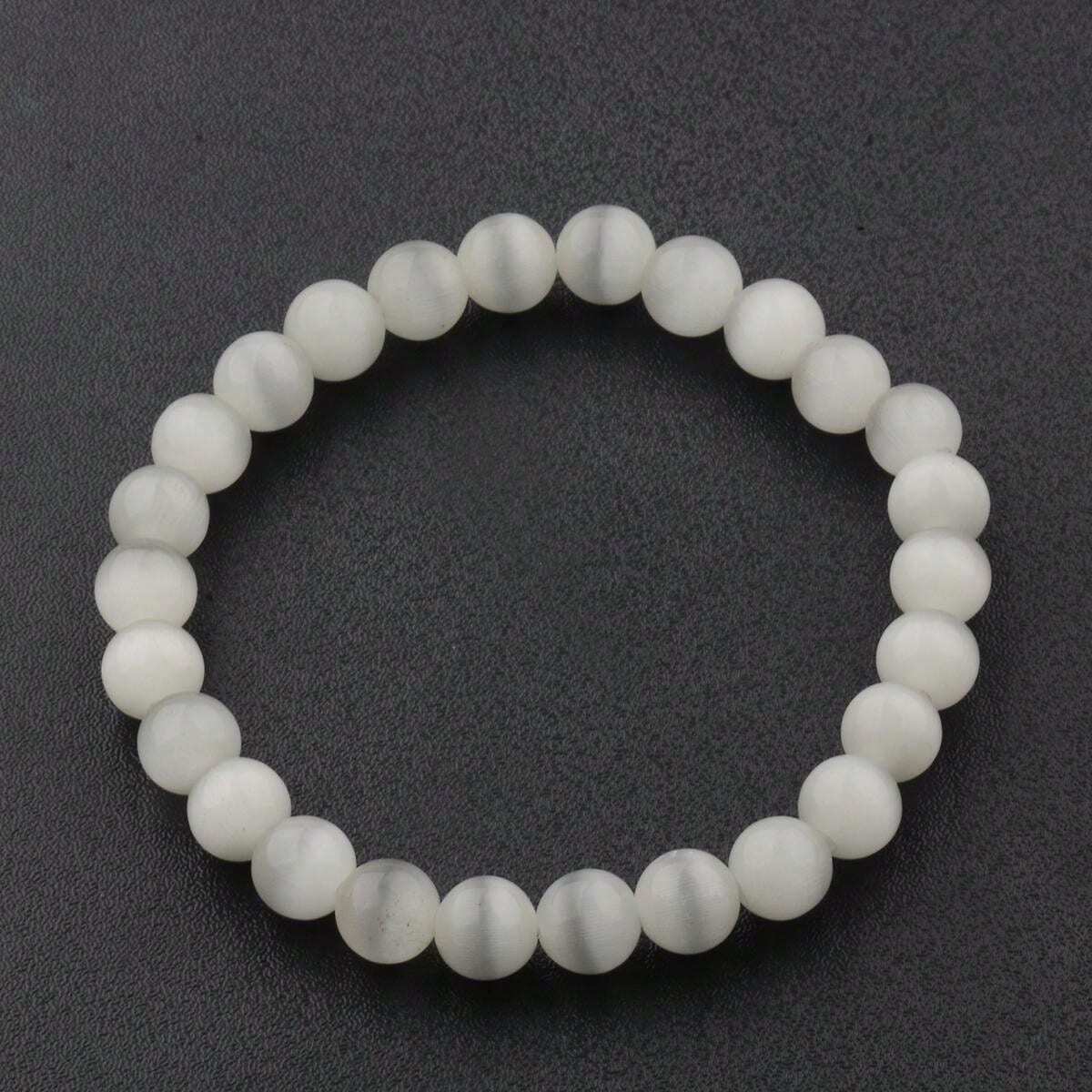 Natural White Cat's Eye Stone Bracelet, 8mm Beads, Elegant Style