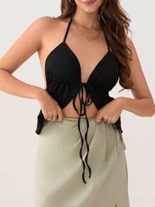 Women Halterneck Crop Tops Summer Solid Color Bandage Open Front Backless Sleeveless Tops Streetwear - Black - View 6