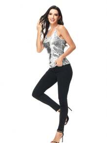 Women's Scoop Neck Razer Back Sequin Spaghetti Strap Camisole Tank Top Blouse - 銀色 - 查看 4