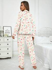 2pcs Set Women Christmas Printed Pajamas, Collared Button Long Sleeve Top And Loose Comfortable Long Pants, Elegant Ladies Sleepwear And Loungewear - Apricot - View 4