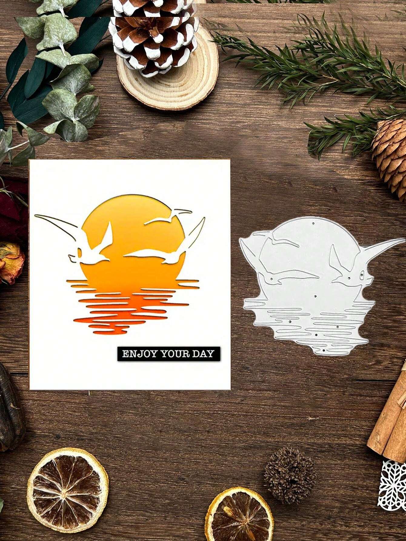 Metal Template With Sunset And Seagull Shadow Motif, For Calligraphy