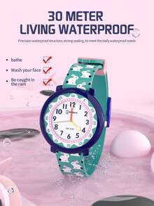 MINGRUI 卡通可爱学生儿童手表，孩子喜欢印花图案表带，30 米防水模拟手表，适合女孩的礼物，学校用品 - 綠色 - 查看 2