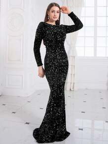 Romagic Damen schwarzes Samtkleid mit Pailletten, Boot-Ausschnitt, Langarm, Maxikleid für festliche Abendveranstaltungen, elegantes Hochzeitsgast Kleid - Schwarz - Übersicht 4