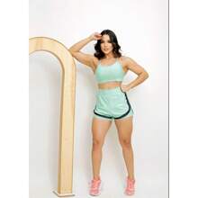 Women's Gym Fitness Set Double Shorts And Top With Pads - 軍綠色 - 查看 2