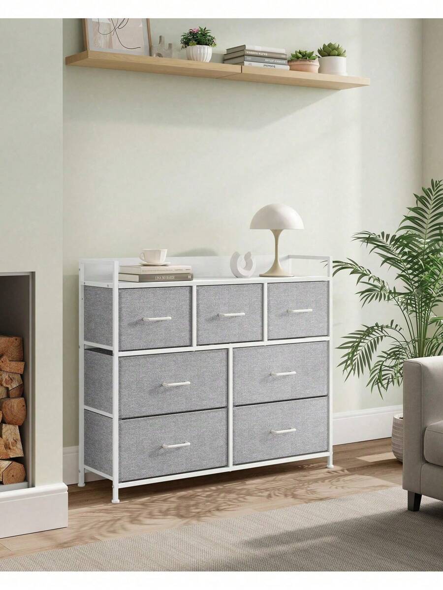 SONGMICS Chest Of Drawers, Bedroom Cabinet, 7 Fabric Drawers With Handles, Metal Frame, Grey And Cloud White