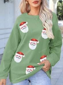 Pull-over Sweat-shirt à épaules tombantes avec motif de Père Noël pailleté de Noël, vert, manches longues