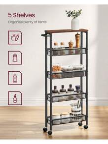 VASAGLE 5-Shelf Trolley, Space-Saving Kitchen Cart With Castors, Steel Frame, Handle, Trolley For Small Spaces, Kitchen Bathroom Living Room Studio, Rustic Brown And Black Outdoor Decor