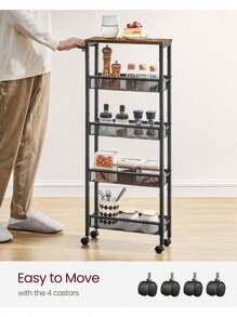 VASAGLE 5-Shelf Trolley, Space-Saving Kitchen Cart With Castors, Steel Frame, Handle, Trolley For Small Spaces, Kitchen Bathroom Living Room Studio, Rustic Brown And Black Outdoor Decor