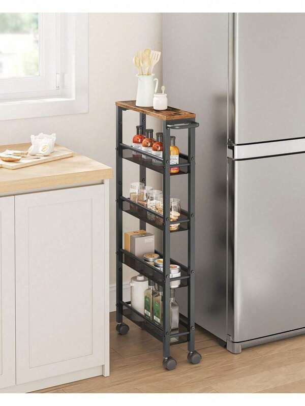 VASAGLE 5-Shelf Trolley, Space-Saving Kitchen Cart With Castors, Steel Frame, Handle, Trolley For Small Spaces, Kitchen Bathroom Living Room Studio, Rustic Brown And Black Outdoor Decor