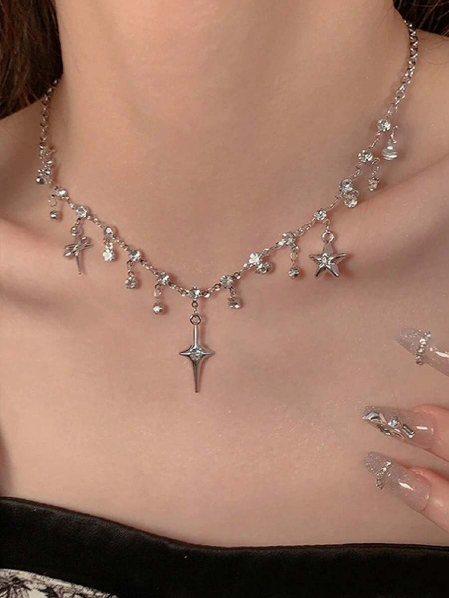 1pc Y2K Four Pointed Star Tassel Necklace For Women Fashion Aesthetic Charm Water Drop Pendant Necklace Jewelry Gift - Silver - View 1