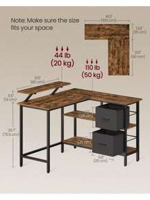 VASAGLE L-Shaped Desk With 2 Spacious Drawers, Gaming Desk With Monitor Stand, Corner Desk, Computer Desk With Adjustable Storage Shelf, For Home Office, Rustic Brown - 鏽棕色 - 查看 5