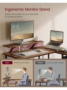 VASAGLE L-Shaped Desk With 2 Spacious Drawers, Gaming Desk With Monitor Stand, Corner Desk, Computer Desk With Adjustable Storage Shelf, For Home Office, Rustic Brown - 鏽棕色 - 查看 4