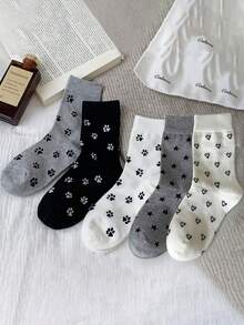 5 đôi tất dài đến bắp chân màu đen trắng xám cho nữ, họa tiết hình bàn chân mèo và trái tim dễ thương, phong cách Hàn Quốc Nhật Bản ngọt ngào, thời trang, đa năng - Nhiều màu - Xem 7