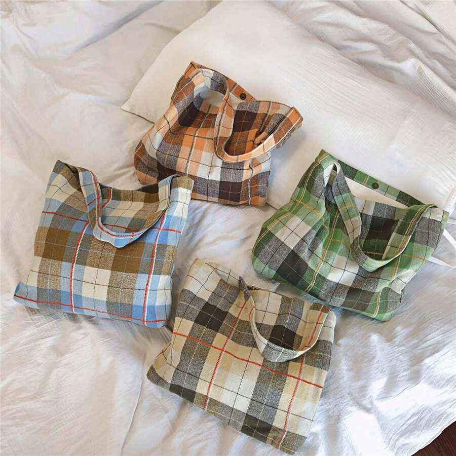 1 Túi đeo vai đơn giản đa năng thông thường, Túi vải kẻ caro cổ điển, Túi tote Hàn Quốc nhẹ, Thích hợp cho nhân viên văn phòng đi làm, Cuộc sống trong khuôn viên trường và du lịch hàng ngày của sinh viên, Du lịch cho người yêu thích văn học và nghệ thuật - Nhiều màu - Xem 1