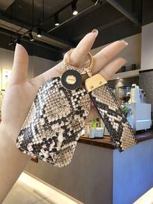 Snake Skin Pattern Portable Keychain - Fashionable Card Holder Keychain With Rhinestone Decor And Shock Resistant D-Ring Clip - Convenient Key Holder Bag For Women, Girls And Men - TPU Material Car Key Pouch - Snakeskin - View 3