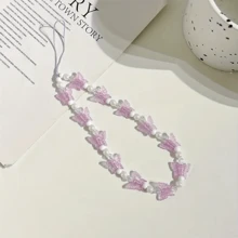 1 件新鲜水晶珍珠蝴蝶手机挂绳链，手机壳配件吊坠 - 藍白色 - 查看 12