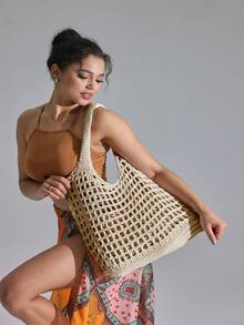 轻便休闲女士极简大容量镂空编织购物袋，钩针编织，母亲节礼物，大容量手提包，适合毕业生、青少年女孩、大学新生、大二学生、大三学生和大四学生，也适合高中生、大学生、研究生等学生，是户外活动、旅行和返校的理想之选。 - 卡其色 - 查看 6