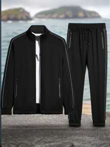 Autumn Outdoor Recreation Casual Suit Boyfriend Style Men, Reflective Strip Decorated Sports Tracksuit Boyfriend Style Men, Fashion Versatile Sweatshirt Sweatshirt Set, Suitable For Outdoor Hiking & Daily Home Wear - Black - View 2