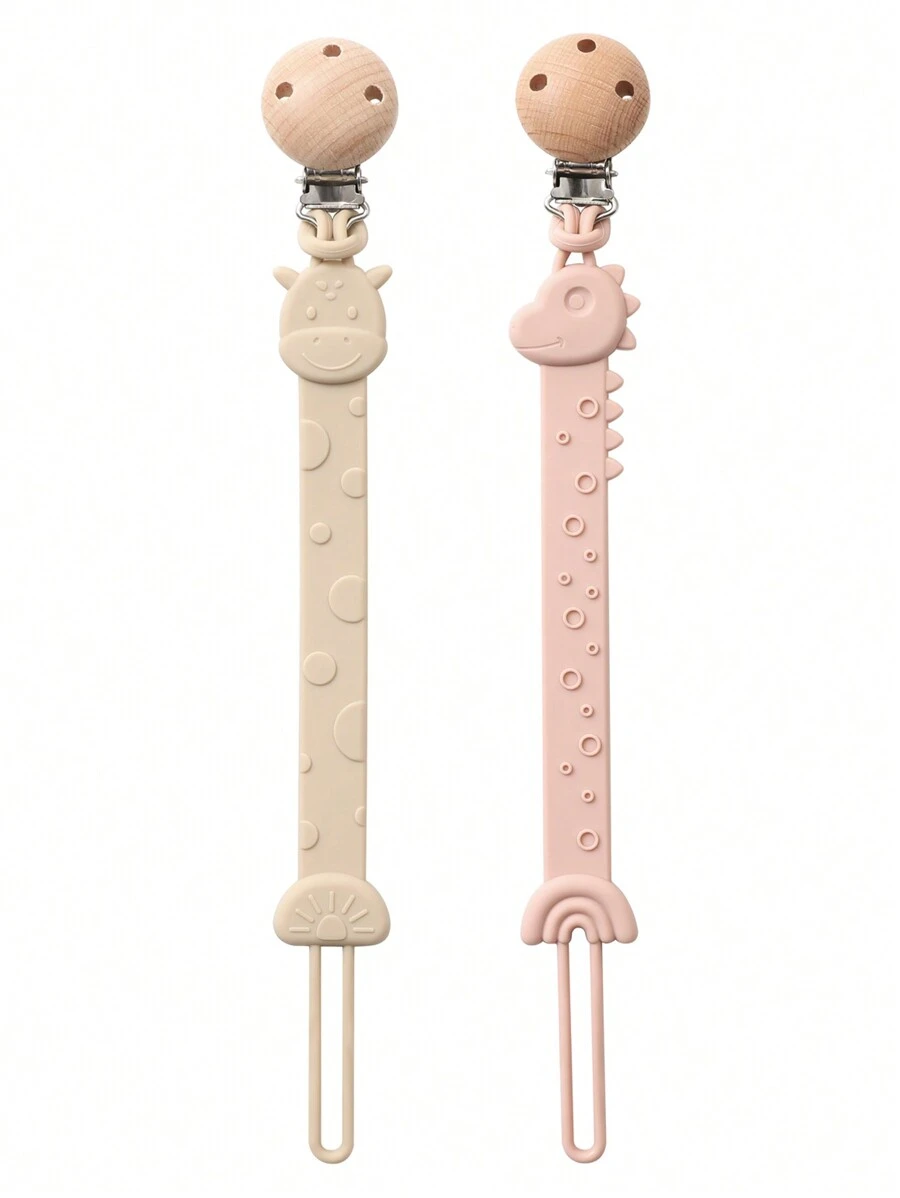 2个装婴儿硅胶奶嘴夹，恐龙和长颈鹿图案，防掉落奶嘴夹，磨牙玩具夹，婴儿用品，新生儿礼物 - 米色粉紅色 - 查看 1