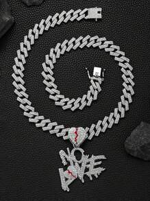 1件畅销心形裂纹“NO LOVE”吊坠，镶满水钻，配链，时尚嘻哈男士礼物